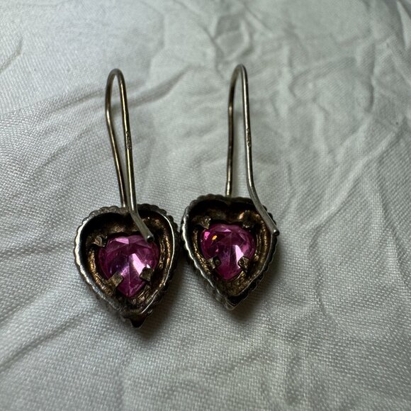 Heart-Shaped Pink Stone Sterling Silver Marked CA 925 Hook Dangle Drop Earrings - Picture 2 of 6